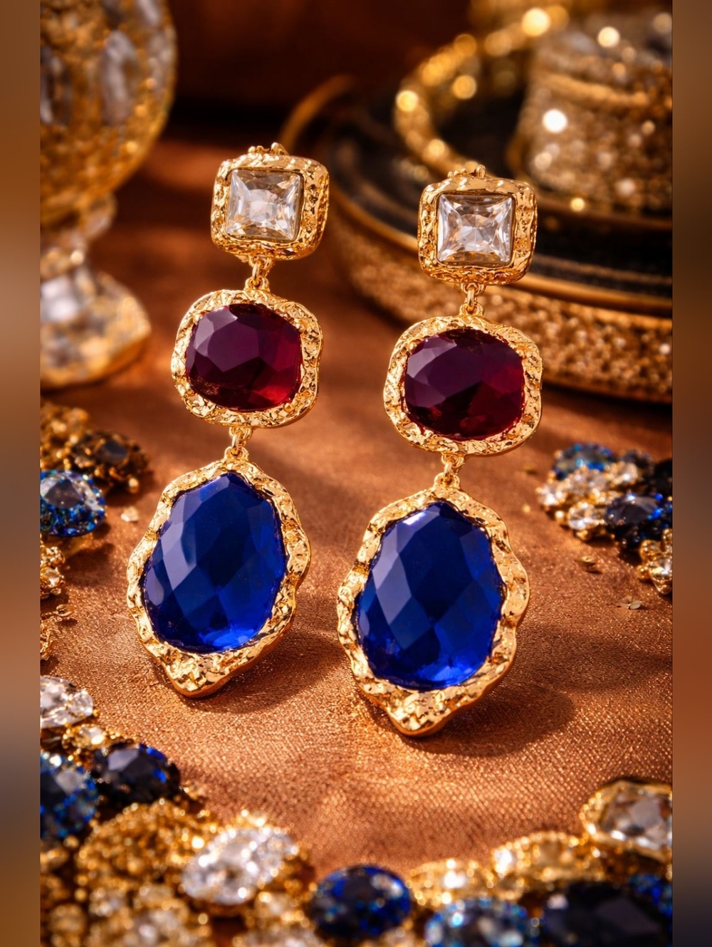 Gold-Tone Earrings with Purple & Blue Stones - Picture 3 of 6